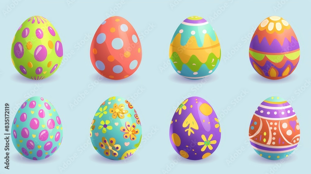 Set of cartoon easter eggs with colorful chocolate eggs, cute colored patterns and happy easter decorations