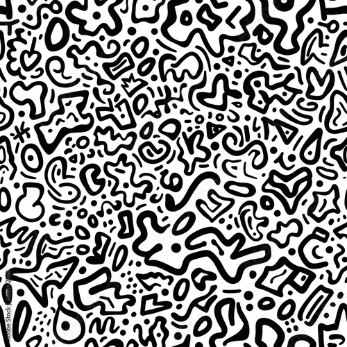 Black and white doodle shapes textile seamless pattern