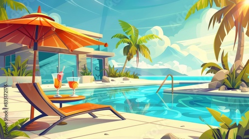 Modern illustration of a luxury tropical resort hotel with cocktail table  lounge chair under umbrella  and swimming pool near comfortable beach house or bungalow. Vacation background.