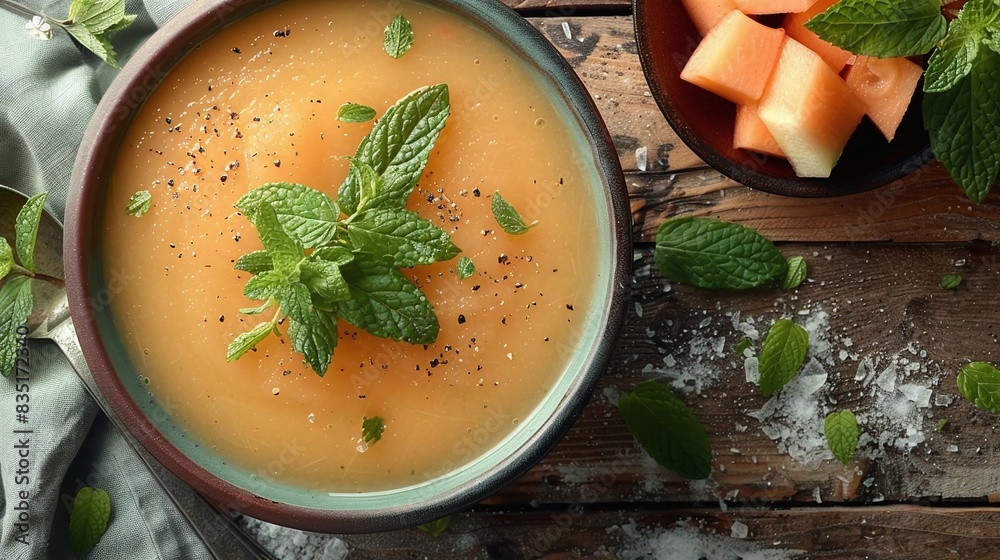 Create a flat lay of a bowl of chilled melon soup garnished with mint Create a flat lay of a bowl of chilled melon soup garnished with mint