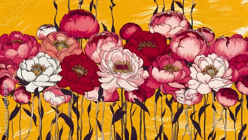 Composition with peony flowers on a yellow background creative pattern