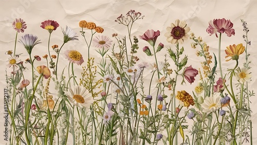 Different wild flowers on paper background
