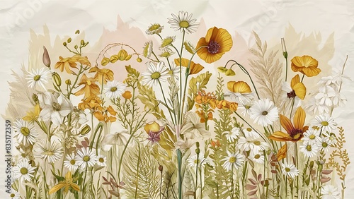 Different wild flowers on paper background