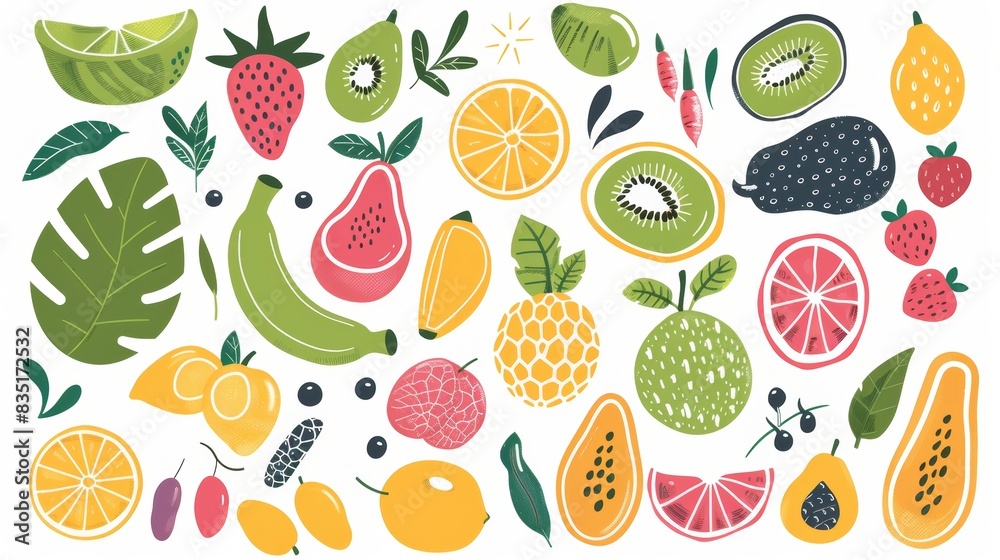 Hand drawn fruit illustrations set in flat style. Tropical fruit and graphic design elements. Color clipart smoothie and juice ingredients.