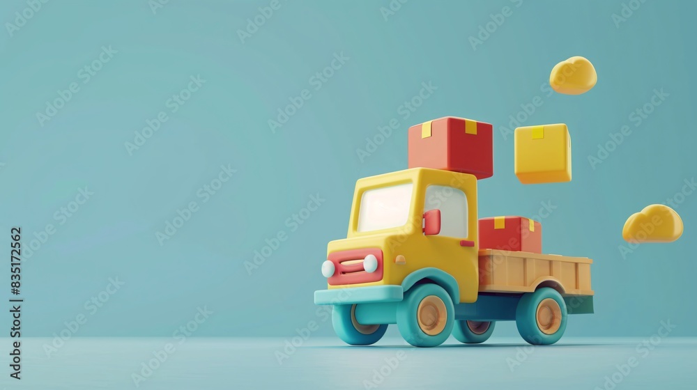 Naklejka premium Colorful toy truck carrying cubic parcels in a minimalistic setup. Ideal for childhood, play, and transportation design concepts. 3D Illustration.