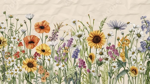 Different wild flowers on paper background