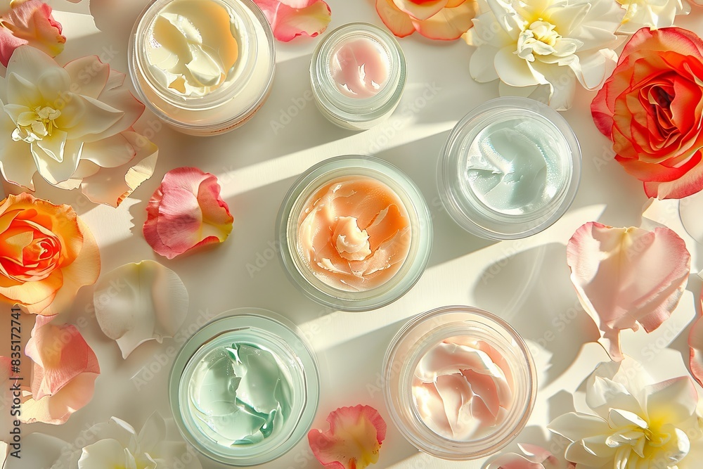 A close-up image showcasing various face masks and creams in jars, surrounded by flower petals on a light background. Generative AI A close-up image showcasing various face masks and creams in jars, surrounded by flower petals on a light background. Generative AI