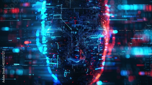 AI - themed digital face in blue and red tones on a dark background