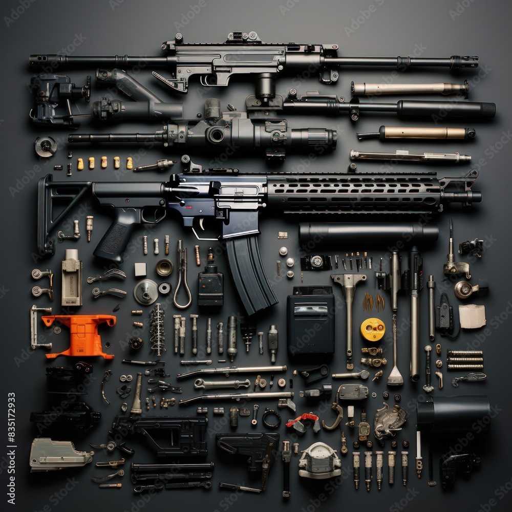 A close up of a gun with many parts and pieces A close up of a gun with many parts and pieces