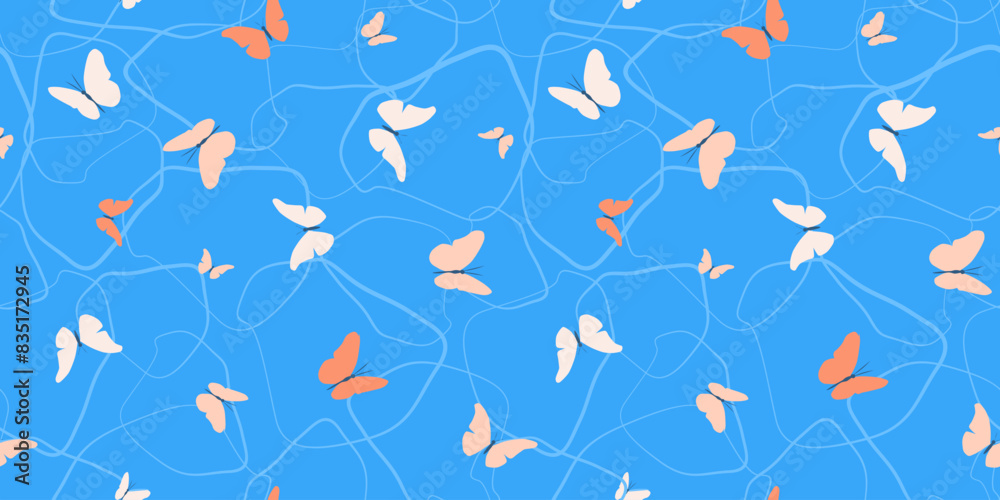 Seamless pattern with delicate fluttering butterflies. Summer abstract print. Vector graphics.