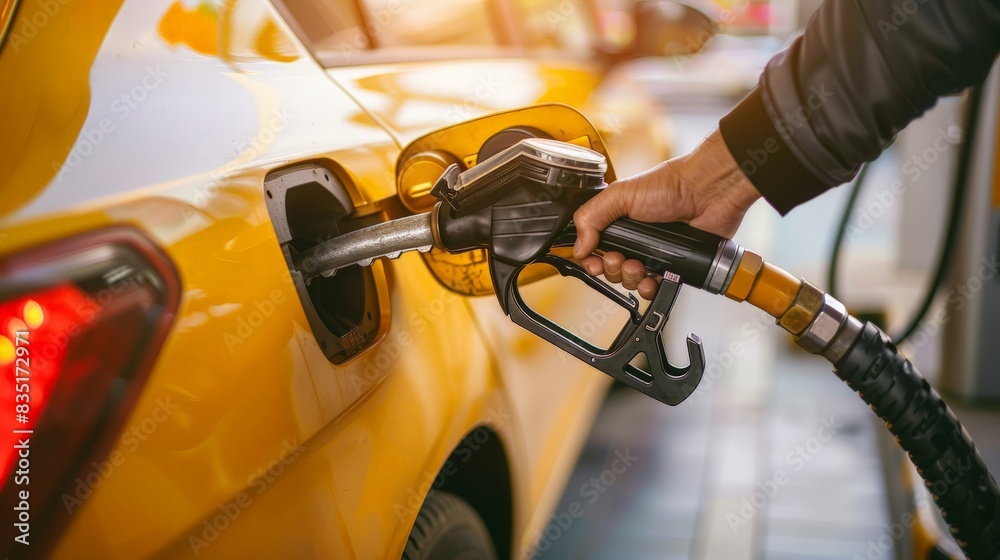 At Gas Station: Person Filling Up Car with Fuel Nozzle, Watching Meter - Routine Refueling Scene with Vibrant Colors and High Detail At Gas Station: Person Filling Up Car with Fuel Nozzle, Watching Meter - Routine Refueling Scene with Vibrant Colors and High Detail