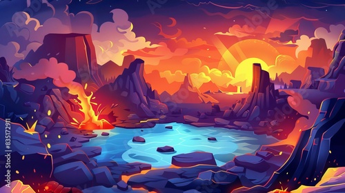 Landscape cartoon with lava lake and gradients. Some elements on separate layers. photo