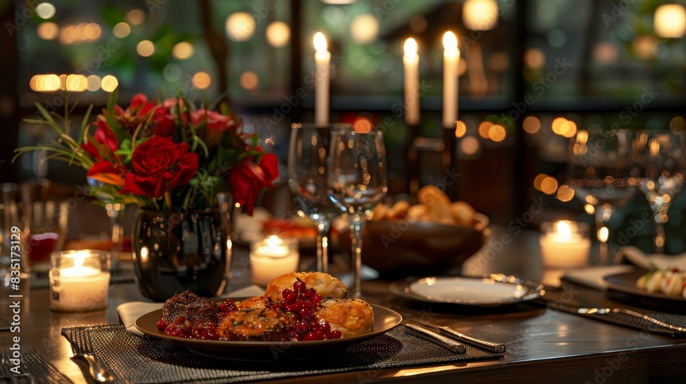 40. Elegant table setting with gourmet appetizers, sophisticated ambiance, and candlelit dining experience