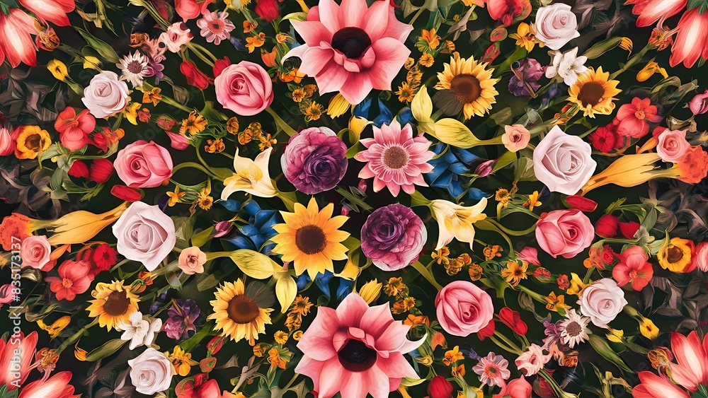 Naklejka premium Colorful flowers background top view floral pattern and texture