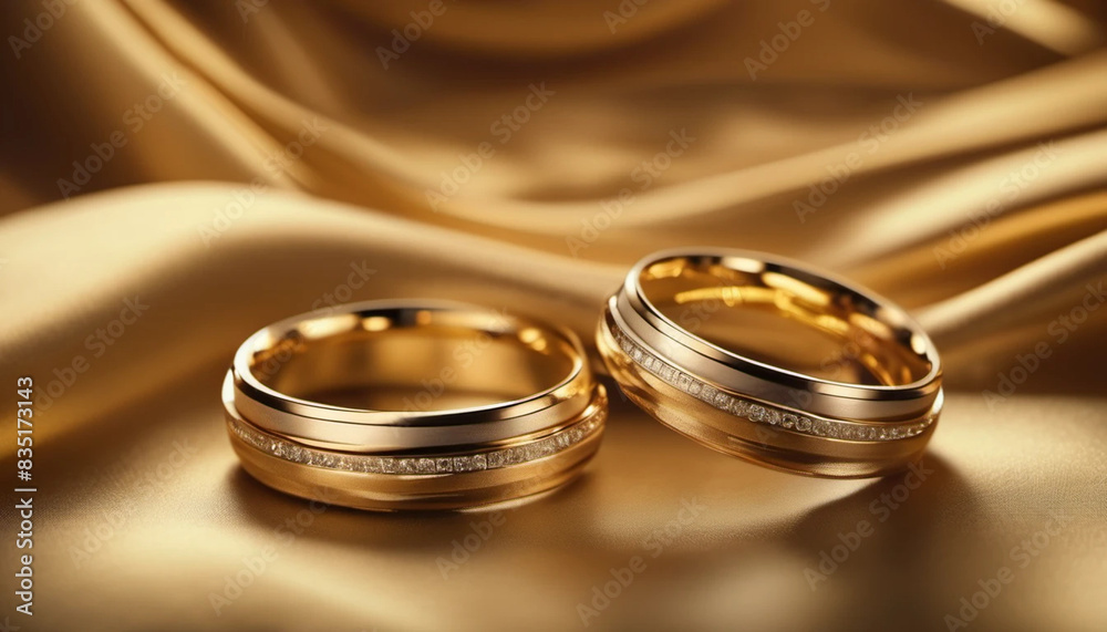 Two golden wedding rings on golden draped satin. 