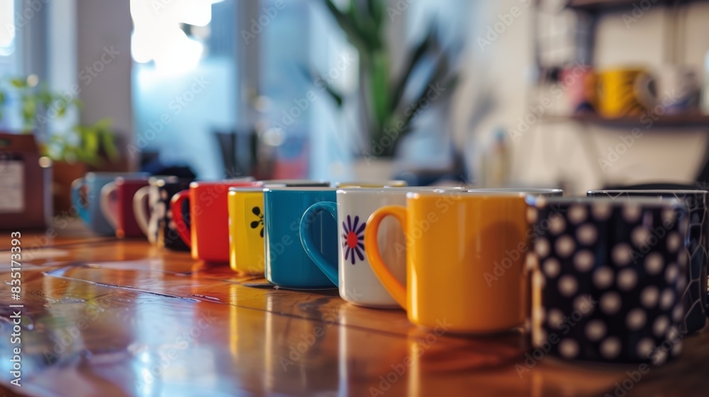 Close-up of personalized coffee mugs on a table, adding a touch of individuality to the workspace Close-up of personalized coffee mugs on a table, adding a touch of individuality to the workspace