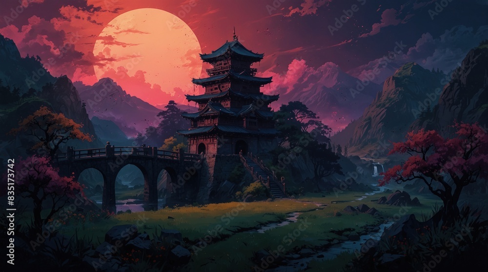 Fototapeta premium Beautiful castle against the background of unusual purple sky