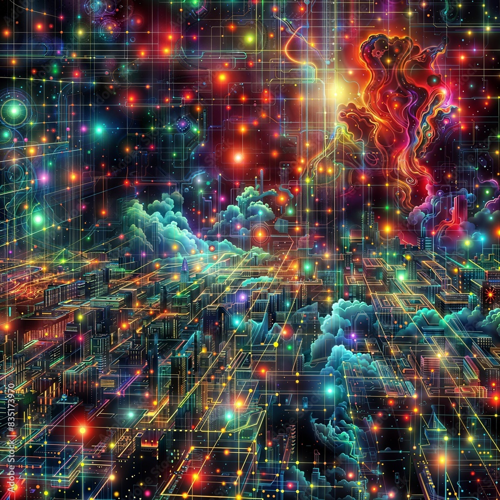 Fototapeta premium Cityscape made of interconnected nodes, surrounded by a network of glowing stars and clouds, set against a complex web of red, blue, and purple colors.