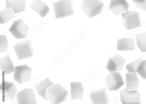 Refined sugar cubes in air on white background