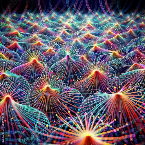 Abstract 3D rendering of interconnected nodes in blue and orange, arranged in pyramidal shapes and emitting light, creating a colorful and vibrant scene. photo