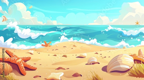 Background of the sea and sand on a summer seaside landscape. Cartoon illustration of sea waves, sand and shellfishes on a beach. photo