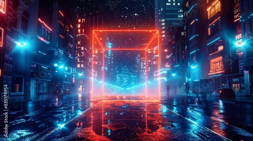 Glowing linear volumetric cube in the middle of a city street under the starry night sky