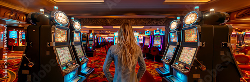 Woman in Casino Walking Between Slot Machines. Gambling, Gaming, Entertainment, Jackpot Concept © LiliGraphie