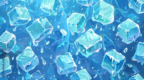 A comic cartoon modern of ice cubes melting in a transparent cold environment photo