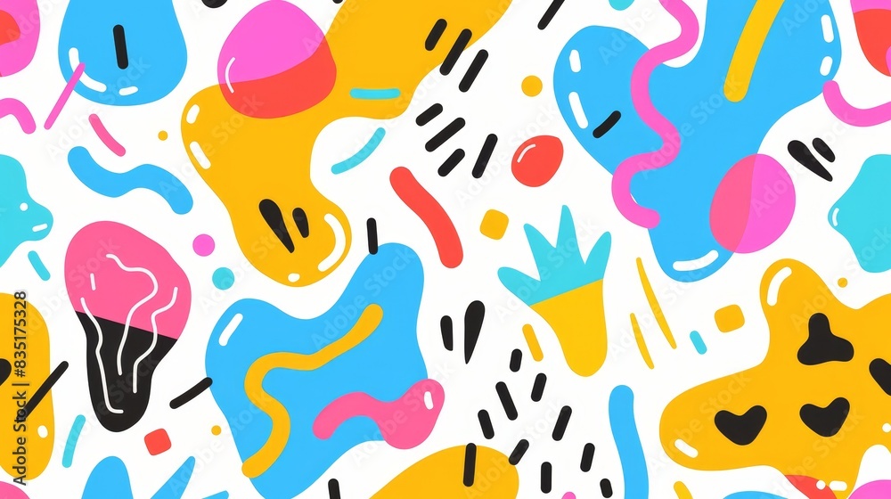This abstract summer nature shape art seamless pattern has colorful freehand doodles. The background is a flat cartoon design with simple random cutout shapes in childish colors. This abstract summer nature shape art seamless pattern has colorful freehand doodles. The background is a flat cartoon design with simple random cutout shapes in childish colors.