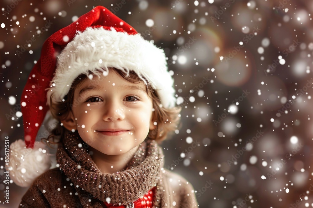 Smiling Child Wearing Santa Hat in Snowy Winter Wonderland Smiling Child Wearing Santa Hat in Snowy Winter Wonderland