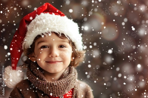 Smiling Child Wearing Santa Hat in Snowy Winter Wonderland