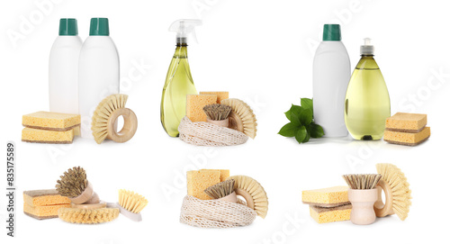 Set of eco-friendly cleaning products isolated on white