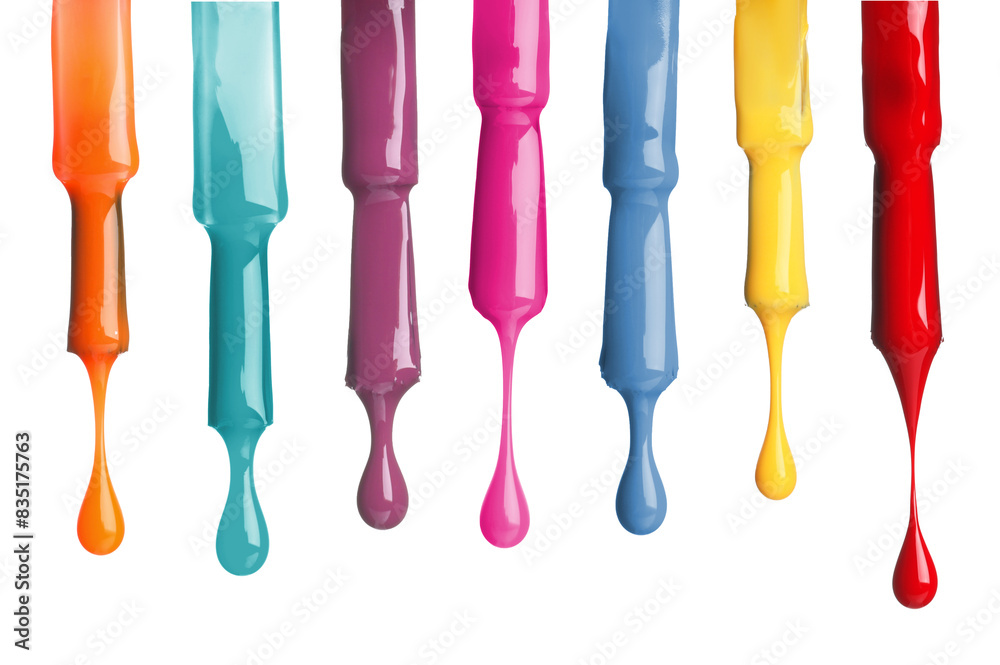Different color nail polish collection. Set of brushes with dripping liquid isolated on white Different color nail polish collection. Set of brushes with dripping liquid isolated on white