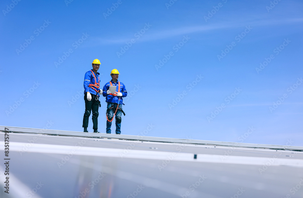 Two young engineers using tablet to inspect the area for installing additional solar panels on the roof of industrial factory. Two young engineers using tablet to inspect the area for installing additional solar panels on the roof of industrial factory.