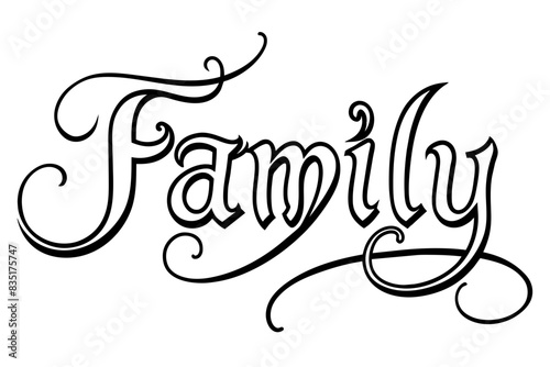Elegant Family text in black and white with delicate swirls and flourishes, ideal for family-themed projects, greeting cards, home decor, and digital designs. Classic and sophisticated calligraphic 