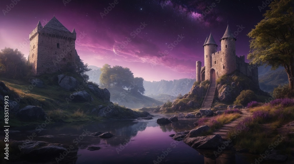 Beautiful castle against the background of unusual purple sky Beautiful castle against the background of unusual purple sky