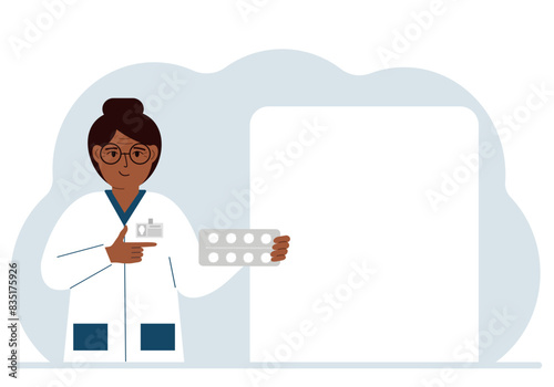 A female doctor holds pills in his hand. Large white sheet for text. Vector flat illustration