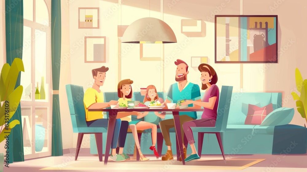 A cartoon illustration of a happy family eating lunch together in a living room A cartoon illustration of a happy family eating lunch together in a living room