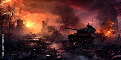 3D Digital Art Illustrating an Apocalyptic War Scene with Tanks  Soldiers  and Destruction. Concept 3D Digital Art  Apocalyptic War Scene  Tanks  Soldiers  Destruction  Illustration
