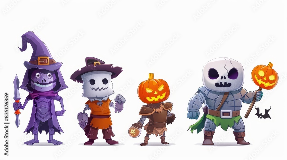 Four cute cartoon characters. White isolated background. Vector.