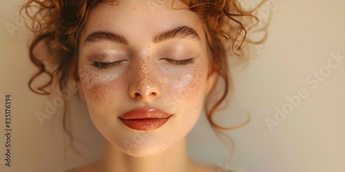 Woman in her mid-s with eyes closed promoting beauty and skincare products. Concept Beauty Products, Skincare Routine, Mid-30s Woman, Eyes Closed Pose, Promotional Photoshoot