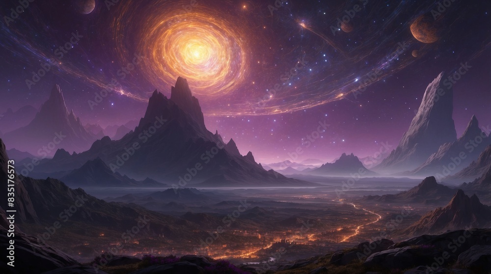 Panoramic wallpaper beautiful view of violet alien planet