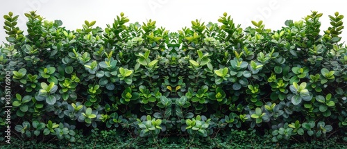 Lush green bush wall with vibrant foliage  symmetrical arrangement  natural outdoor background  perfect for garden and landscape design projects.
