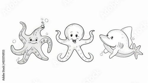 Simple thick lines coloring book pages of cute sea animals including Octopus  Jellyfish  Starfish  and Shark. Modern illustration from clean drawing. Artificial intelligence generation.