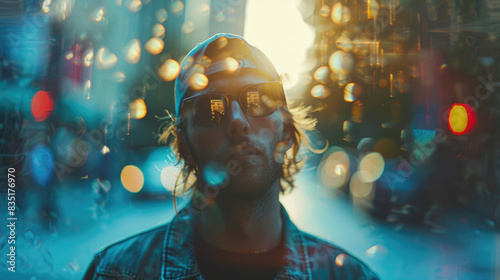 A man wearing glasses is illuminated by neon lights in an urban setting photo