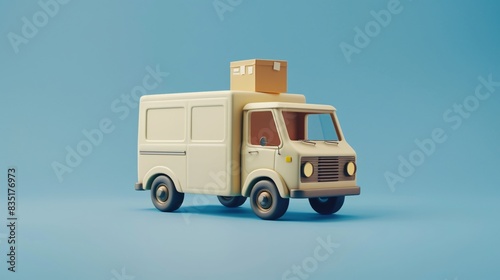 Cute miniature delivery truck model with a parcel on its roof, isolated on a blue background, perfect for logistics and shipping concepts. 3D Illustration.