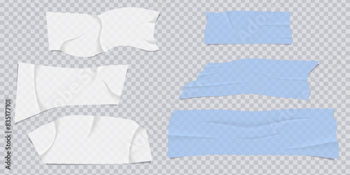 Transparent adhesive tape and adhesive sellotape. Sticky tapes with torn edges, adhesives piece of white taped. Sticky scotch, duct paper strips on checkered background. Realistic vector illustration
