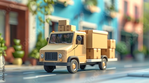 Delivery truck carrying multiple packages drives through a colorful neighborhood street, symbolizing logistics and shipping services. 3D Illustration. © Tackey