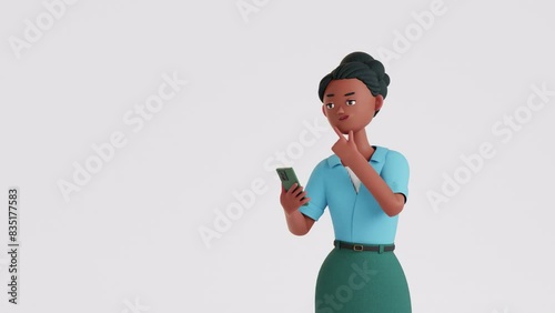 Woman thinking and looking at phone, Eureka. hand gesture, index finger up. Concept of a great idea, brainstorming. Solution of the problem, right decision. 3d character animation