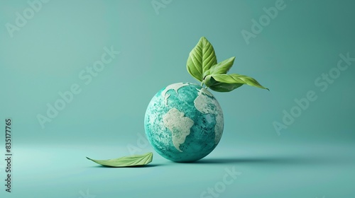 Earth globe with green leaves symbolizing environmental conservation and sustainability on a turquoise background. 3D Illustration. photo